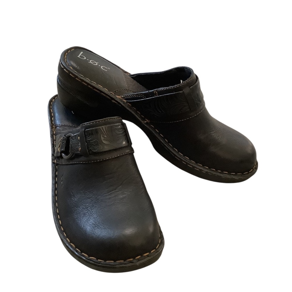 b.o.c. Black Leather Slip-On Clogs with Buckle Accent